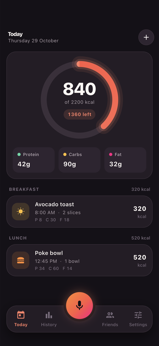 The Munch Today screen: a calorie ring, macros and the meals logged so far